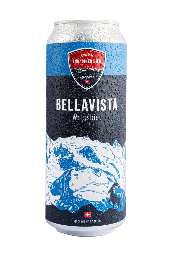 Das Bild zeigt eine Bierdose. Die Etikette enthält die Hintergrundfarbe schwarz und bildet die Bellavista Gipfelgruppe in blau und weiss gezeichnet ab. Bellavista ist zugleich der Name des Weissbier.